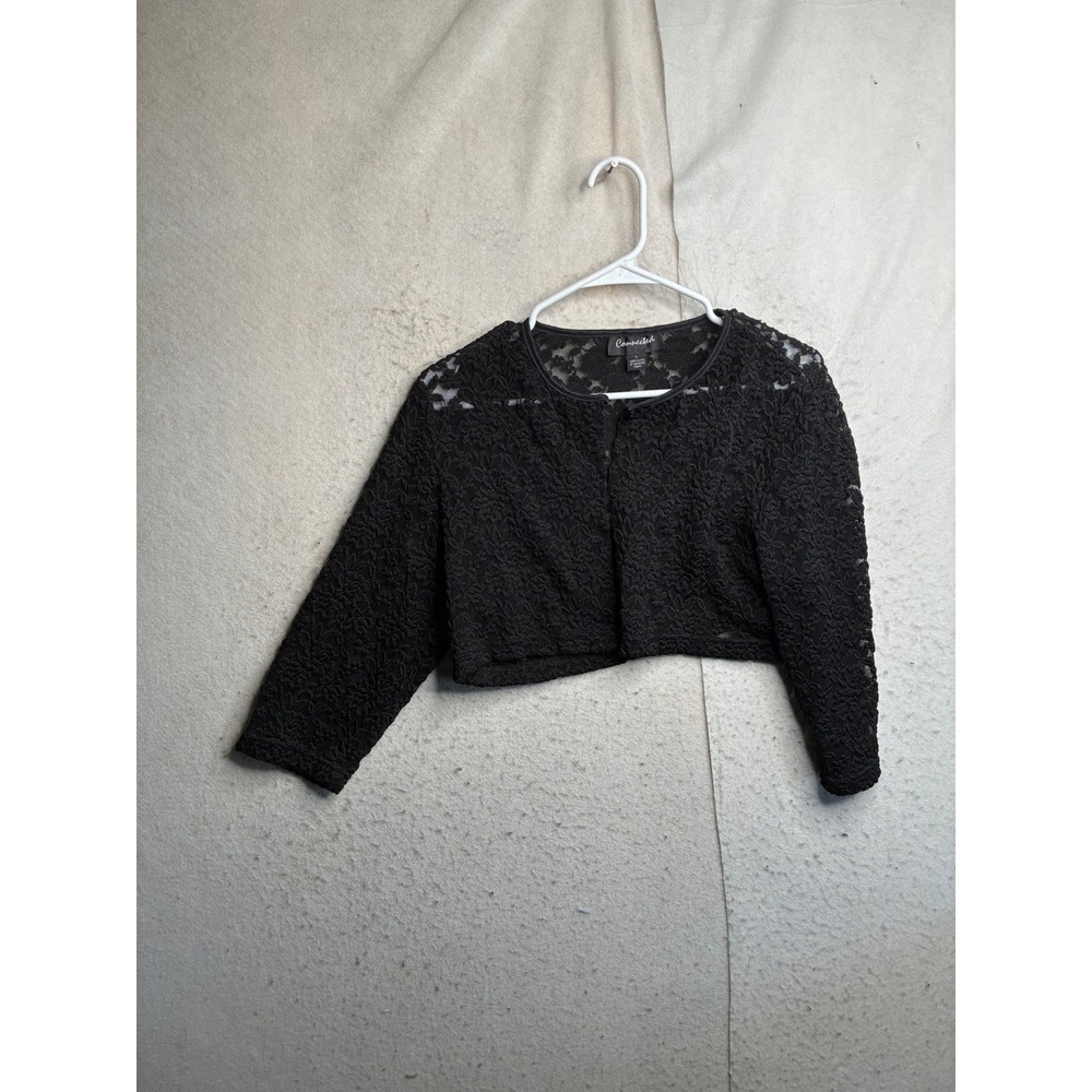 Connected Womens Black Floral Lace Cropped Shrug Button Front Cardigan Size L